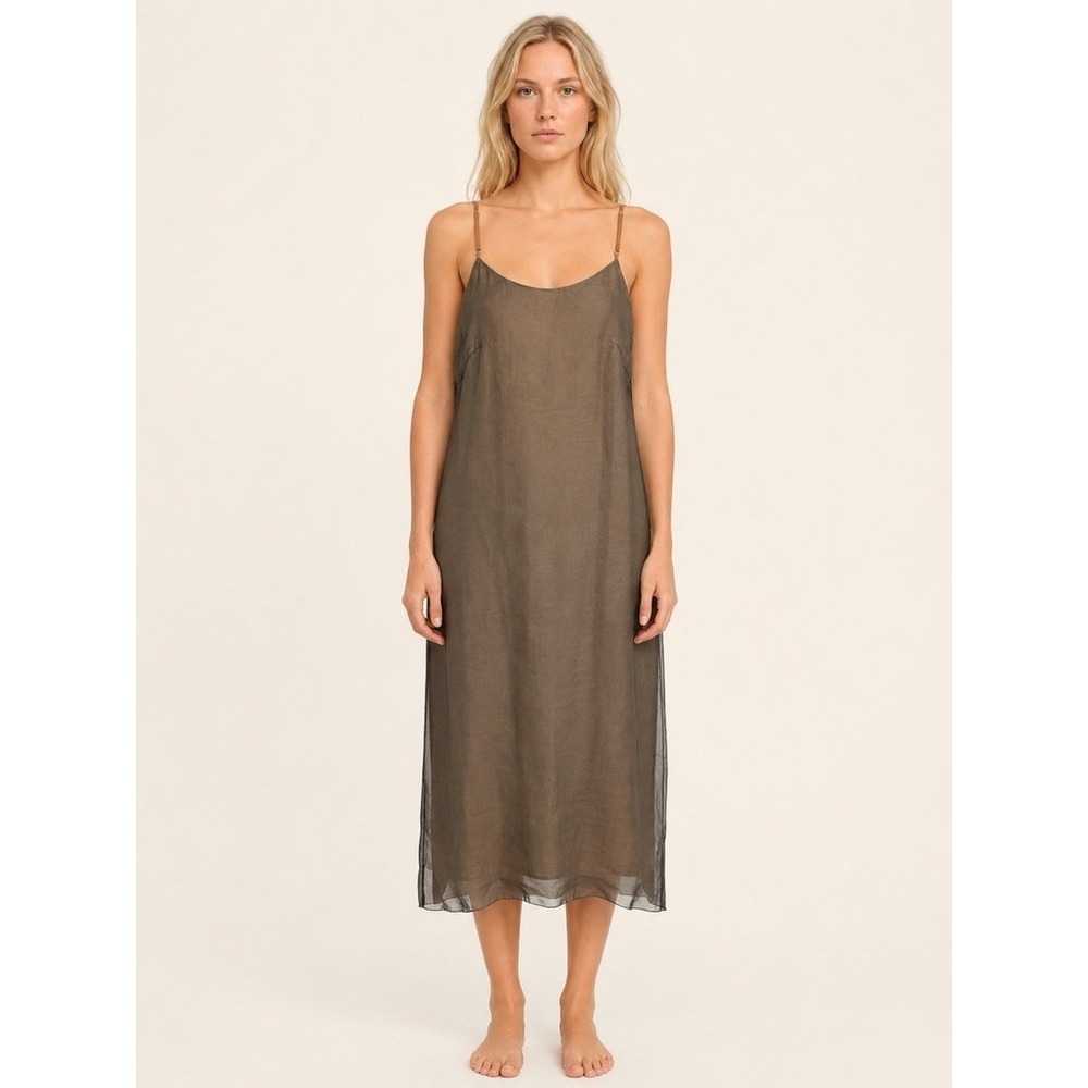 BIYAN Silk Slip Dress Women size  Small Black Sheer Overlay Spaghetti Strap Midi